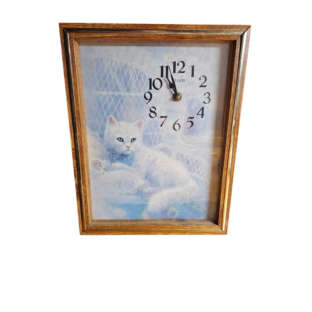 Vtg ELGIN White Cat Ruane Manning Art WALL CLOCK MIDCENTURY WORKS 14x11 In